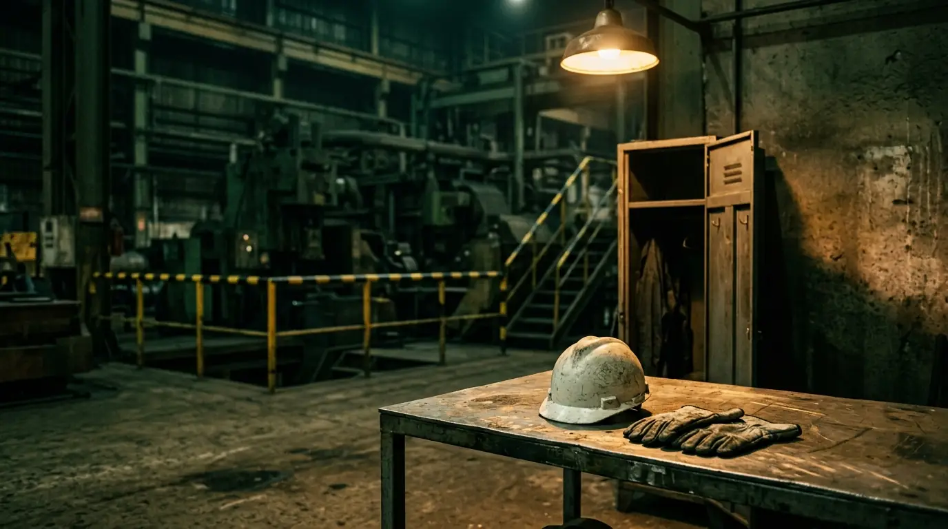 Oficina industrial vazia ao entardecer, com um capacete branco e um par de luvas de couro gastas sobre uma bancada de aço