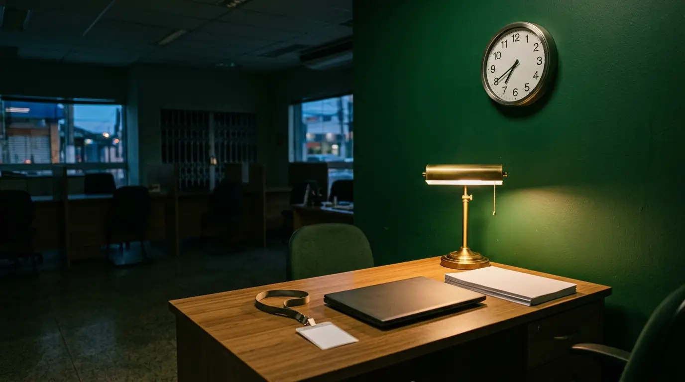 Agência bancária vazia depois do expediente, com uma mesa de gerente sob a luz de uma luminária de latão e um relógio de parede marcando quase oito da noite