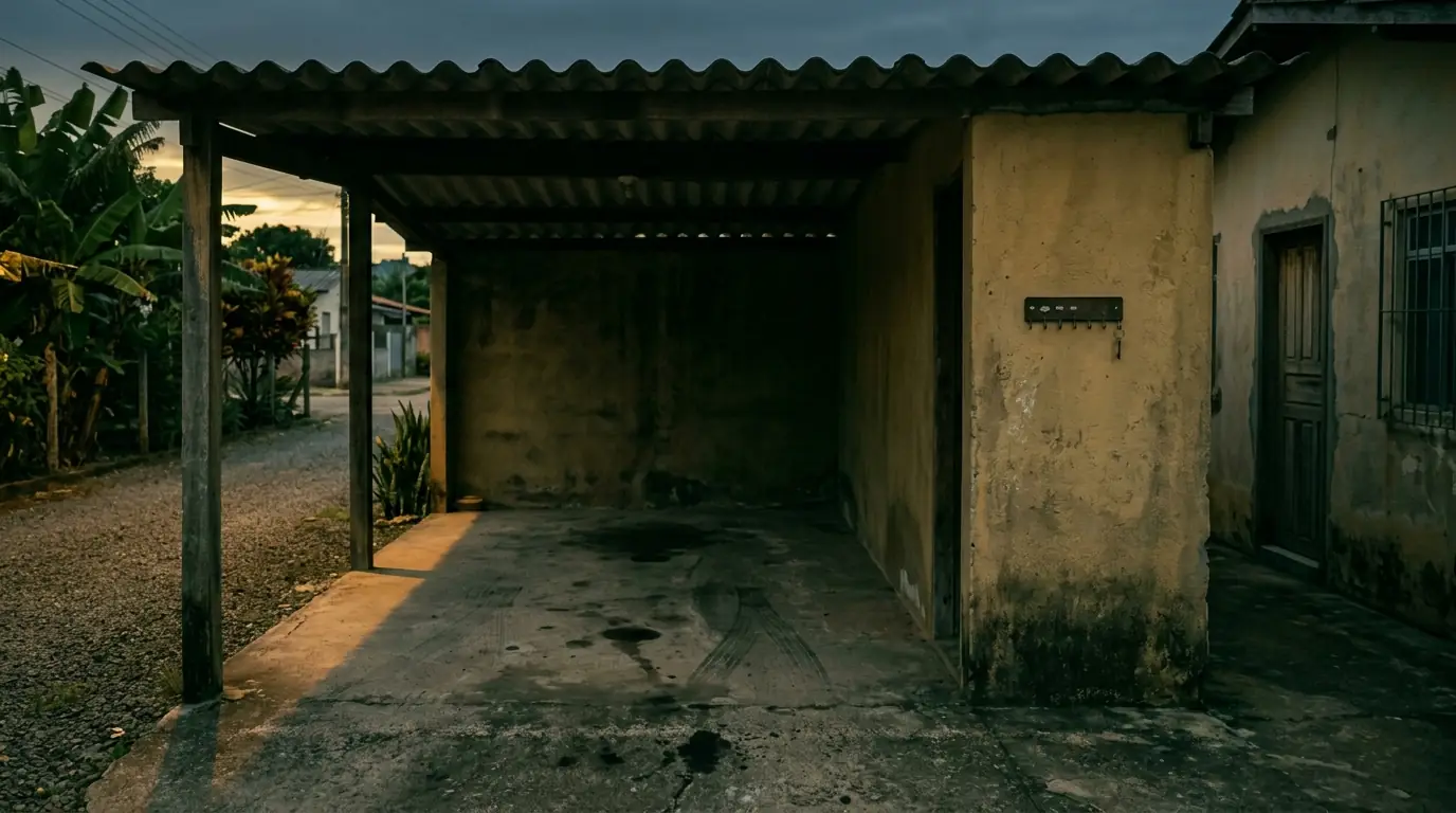 Garagem coberta vazia ao entardecer, com uma mancha de óleo no piso onde ficava o carro