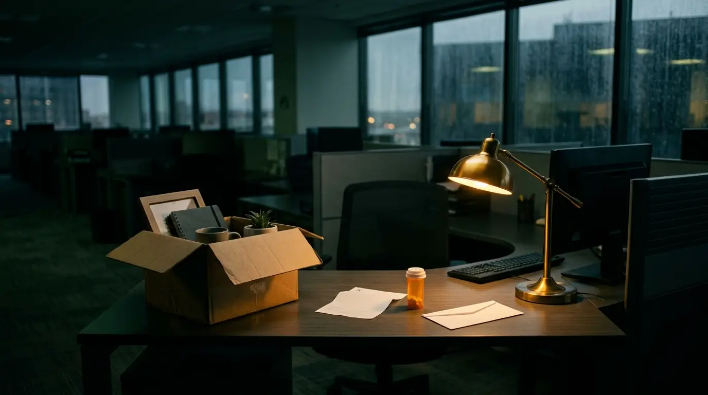 Mesa de escritório vazia ao anoitecer, com uma caixa de pertences, um atestado dobrado, um frasco de remédio e um envelope fechado