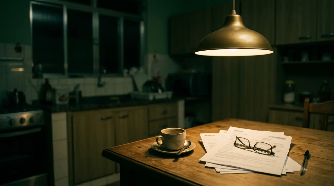Mesa de cozinha à noite, sob uma luminária acesa, com um contrato, extratos, óculos, caneta e uma xícara de café