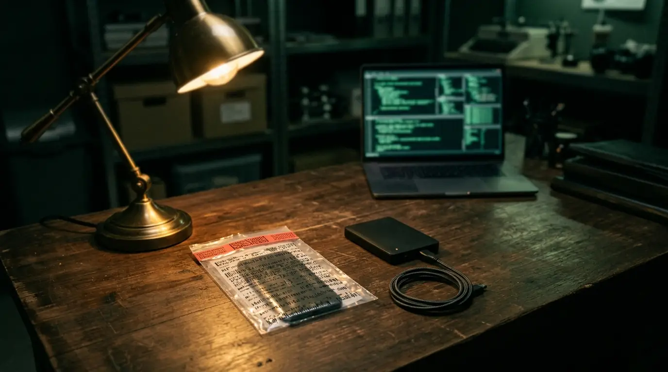Mesa escura à noite com um celular lacrado em saco de evidência, um disco externo e um cabo, sob a luz de uma luminária de latão