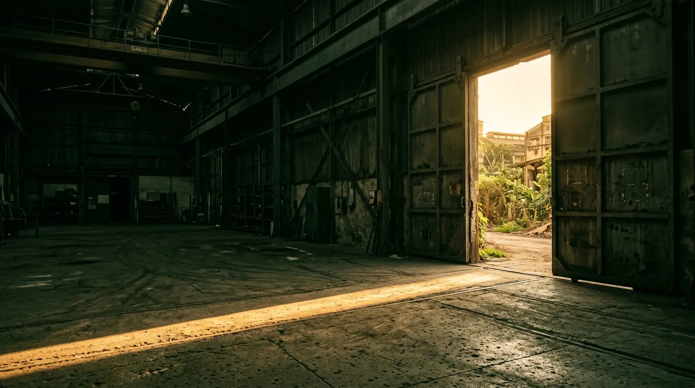 Galpão industrial escuro com uma grande porta de aço entreaberta para a luz dourada da manhã, que desenha uma faixa no chão